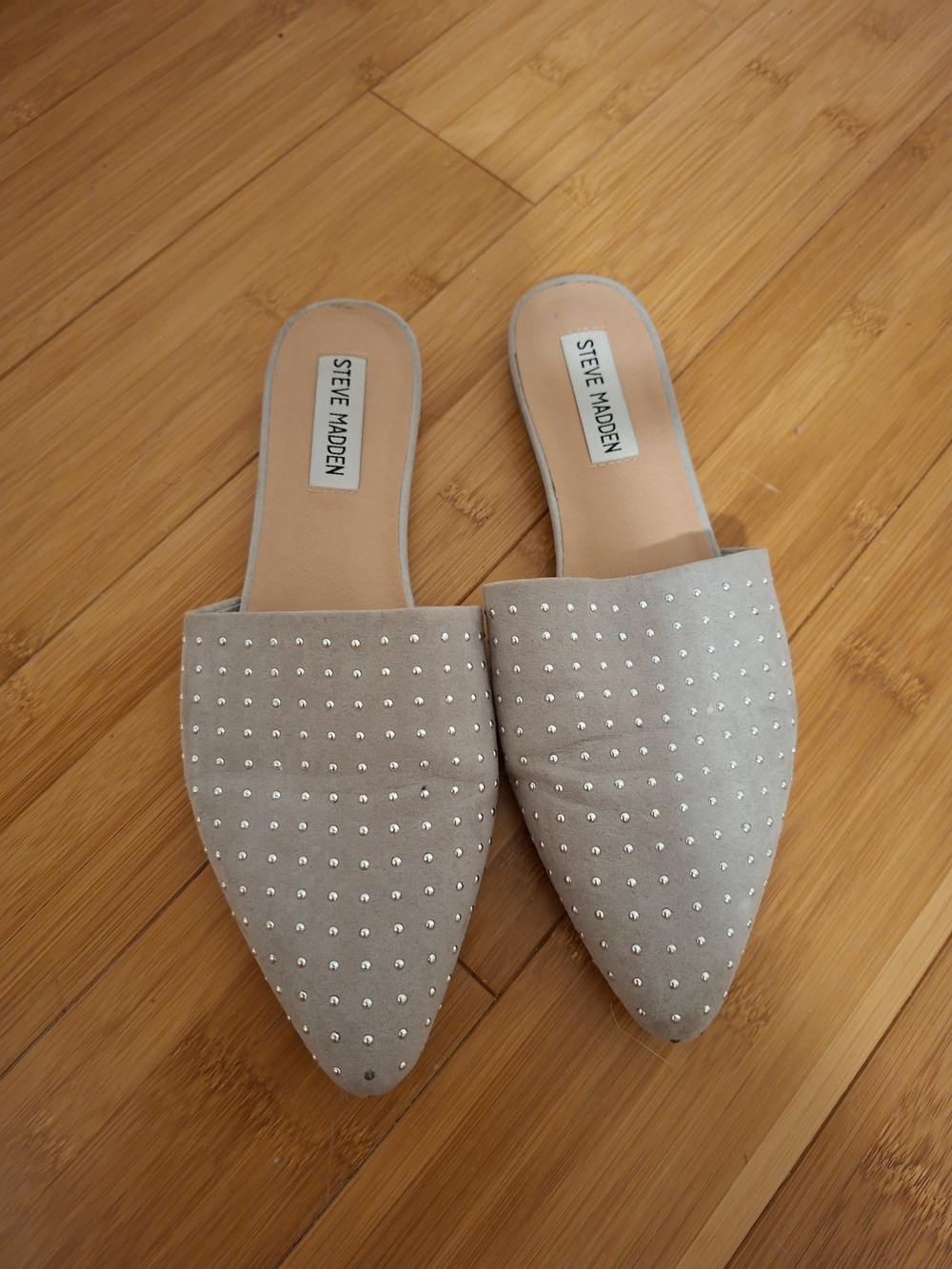 Steve Madden Women's Grey Studded Pointed- Toe Mules, Size 8.5